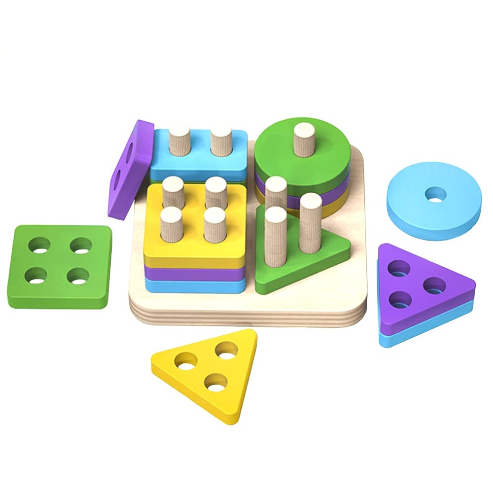 Wooden Sorting & Stacking Toy, Wooden Sorting & Stacking Toys for Toddlers and Kids Preschool, Educational Toys, Shape Color Recognition Blocks Matching Puzzle Toys for 3 4 5 Year Old Boys Girls