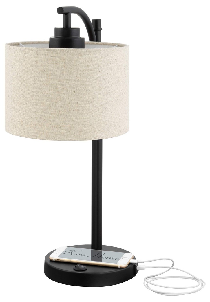 Kira Home York 18" Minimalist Arc Table Lamp w/ 2.0 AMP USB Charging Port, Honey Beige Shade + 7W Bulb (Eco-Friendly, 3000K Warm White), Black Finish