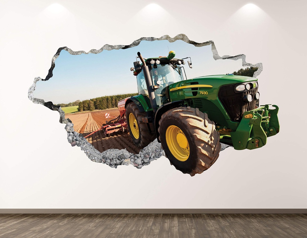 West Mountain Green Tractor Wall Decal Art Decor 3D Smashed Truck Sticker Poster Kids Room Mural Custom Gift BL189 (22" W x 14" H)