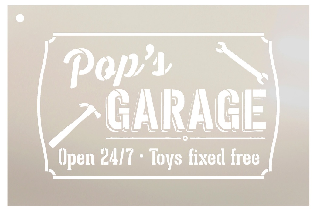 Pop's Garage - Open 24/7 Sign Stencil by StudioR12 | Reusable Mylar Template | Use to Paint Wood Signs - Pallets - DIY Grandpa Gift - Select Size (25" x 15")