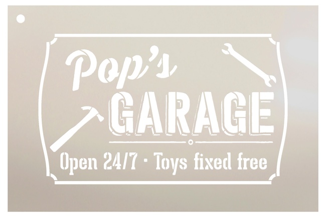 Pop's Garage - Open 24/7 Sign Stencil by StudioR12 | Reusable Mylar Template | Use to Paint Wood Signs - Pallets - DIY Grandpa Gift - Select Size (25" x 15")
