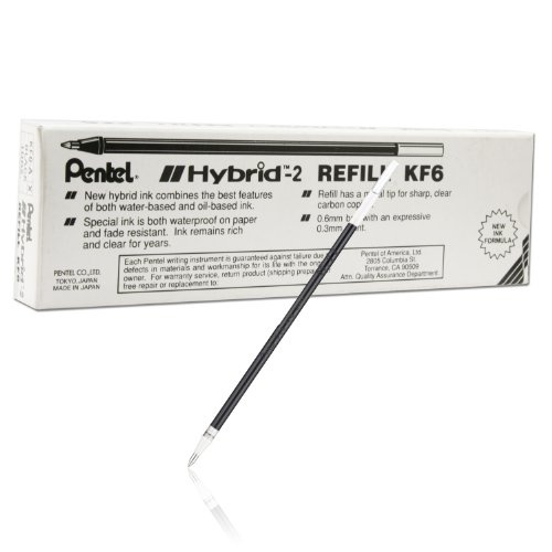 Pentel Refill for K105 Hybrid and K116 Hybrid Gel Rollers, Fine Line, Permanent Black Ink, Box of 12 (KF6-A)
