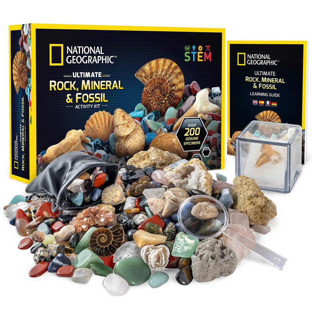 NATIONAL GEOGRAPHIC Rocks & Fossils Kit – 200+ Piece Set Includes Geodes, Real Fossils, Rose Quartz, Jasper, Aventurine & Many More Rocks, Crystals & Gemstones