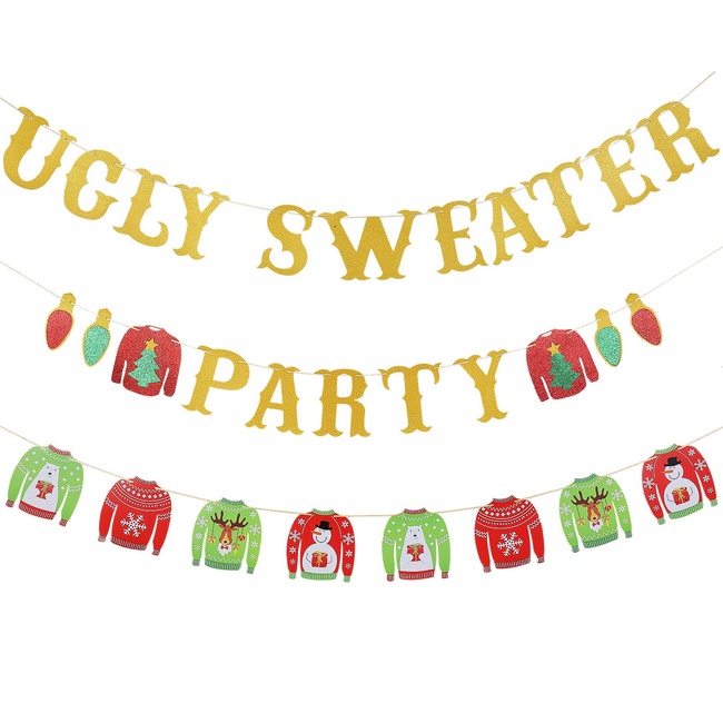 3 Pieces Ugly Sweater Party Banner & Ugly Christmas Sweater Banner Christmas Banner Christmas Decorations for Christmas Holiday Home Office Fireplace Mantel, Ugly Christmas Sweater Party Decorations