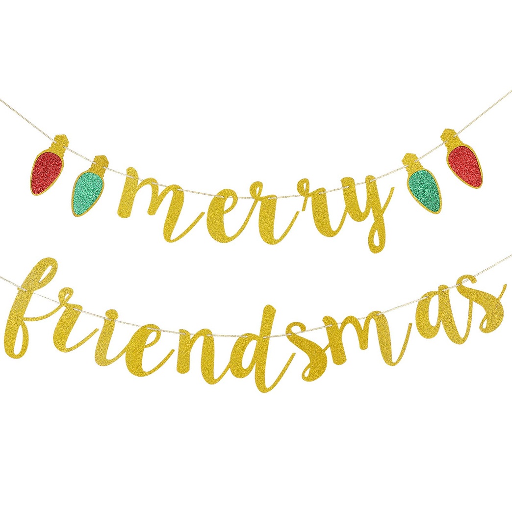 Merry Friendsmas Banner Gold Glitter- Merry Friendsmas Decorations, Ugly Christmas Sweater Party Decorations, Grinch Christmas Decorations, Christmas Party Decorations, Friendsmas Decor, Christmas Decorations for Home Office Mantel