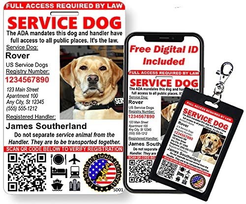 Just 4 Paws Custom Service Dog ID Card with QR Code & Security Seal | Registration to U S Service Dogs Registry Plus ID Holder & Electronic Digital ID - Portrait Style