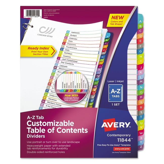 AVERY Ready Index Table Of Contents Dividers, Multicolor Tabs, A-Z, Letter