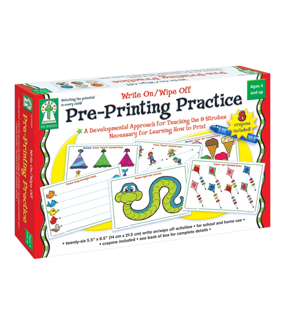 Key Education Write-On/Wipe-Off Pre-Printing Practice—PreK-Grade 1 Handwriting Activity Kit With Tracing, Dry Erase Activity Boards and Crayons (34 pc)