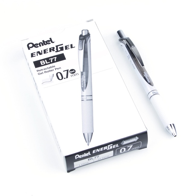 Pentel EnerGel Pearl Deluxe RTX Retractable Liquid Gel Pen, (0.7mm), Accent, Black Ink, Box of 12 (BL77PW-A)