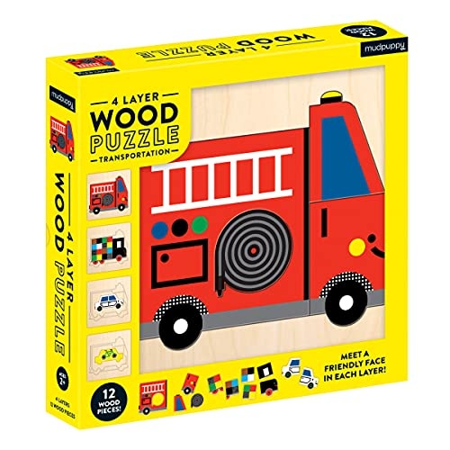 Mudpuppy 4-Layer Transportation Friends 12Piece Wood Jigsaw Puzzle, Ages 2+ - Colorful Vehicle Illustrations, Multicolor