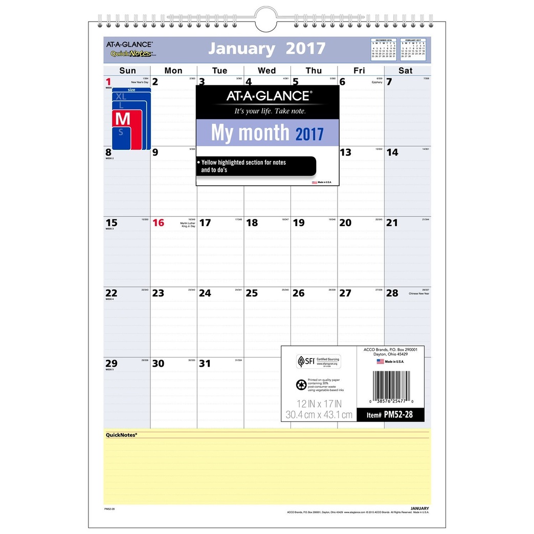 AT-A-GLANCE Wall Calendar 2017, Monthly, QuickNotes, 12 x 17, Wirebound (PM52-28)