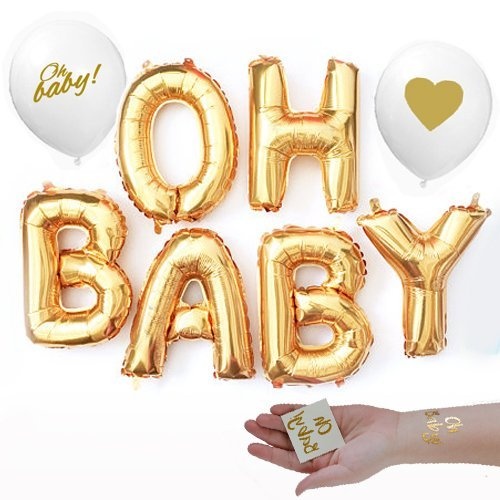 Washunga Fun Gold OH Baby! Girl Boy Baby Shower Mylar Balloons Two Oh Baby Tattoos and Two Gold Lettering White Balloons Decorations
