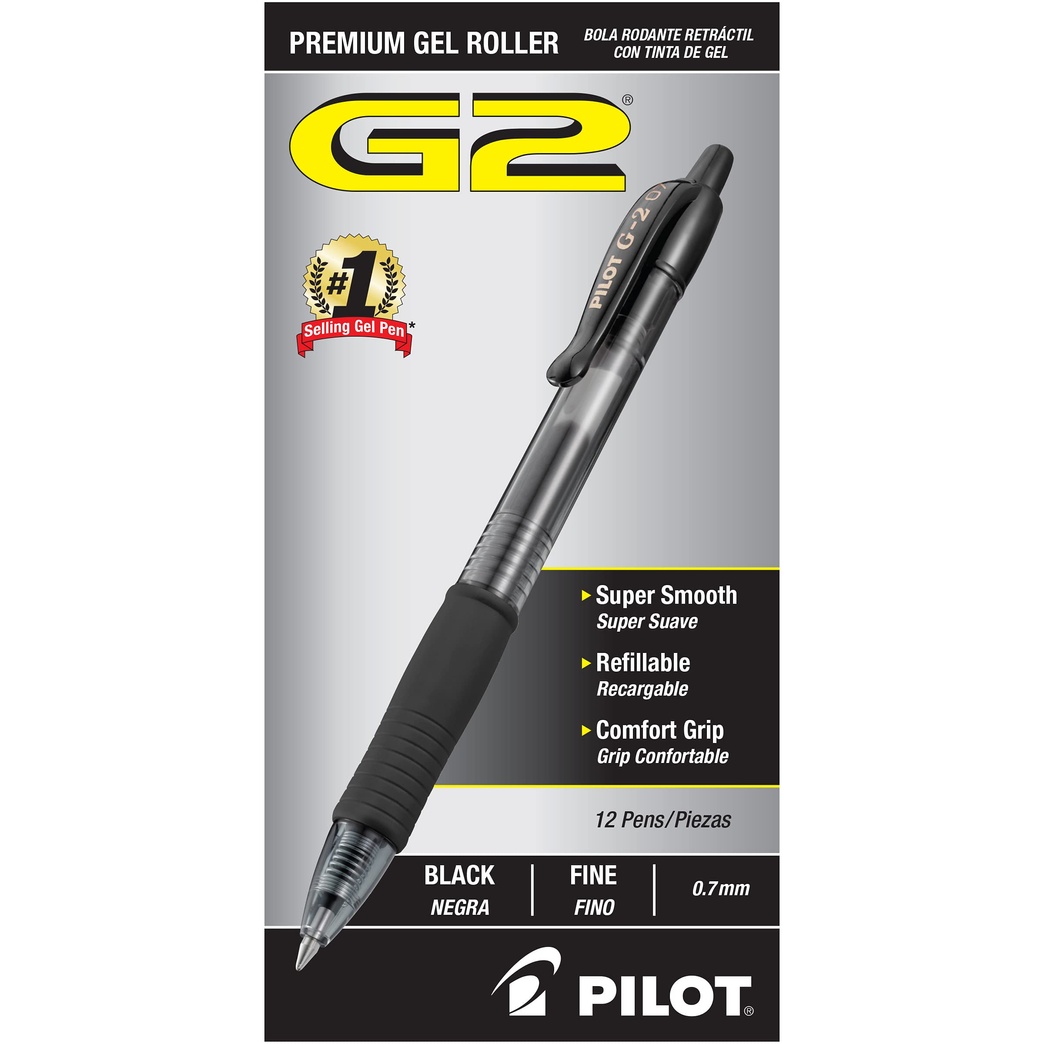 PILOT G2 Premium Refillable & Retractable Rolling Ball Gel Pens, Fine Point, Black Ink, 12-Pack (31020)
