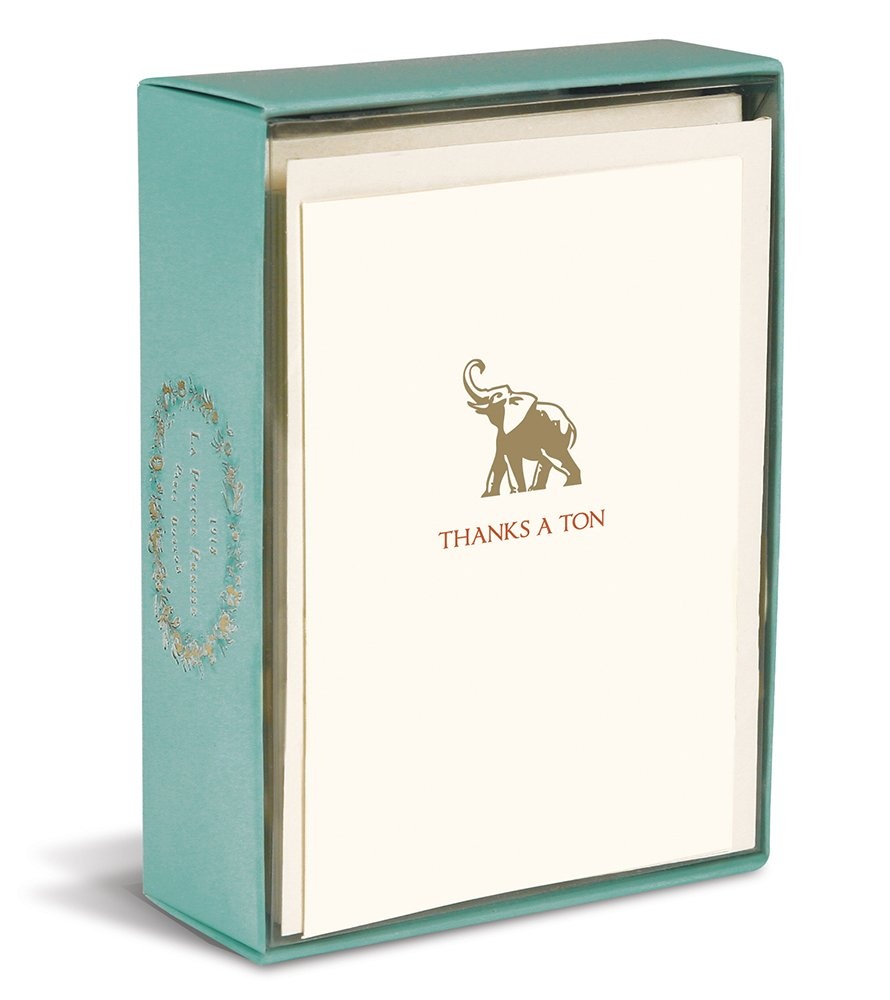 Graphique Thanks a Ton La Petite Presse Notecards, 10 Durable Embossed and Embellished Gold Foil "Thanks a Ton" Elephant Notes with Matching Envelopes, 3.25" x 4.75.