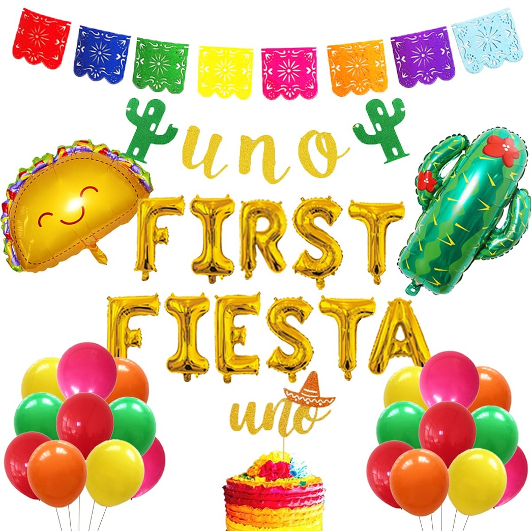 zrjssyp First Fiesta Birthday Decorations Mexican 1st Birthday Party Supplies Gold First Fiesta Balloons Mexican Uno Cactus Banner Cake Topper for Cinco De Mayo Taco Bout Uno Party Decor