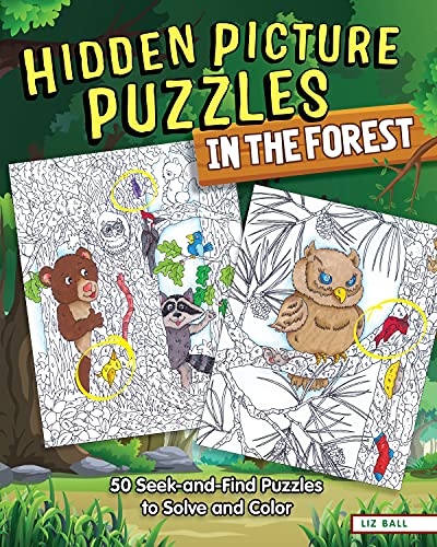 Hidden Picture Puzzles in the Forest: 50 Seek-and-Find Puzzles to Solve and Color (Happy Fox Books) 400 Animals and Secret Objects to Find, Fun Facts About Nature, and Coloring Pages for Kids 5-10