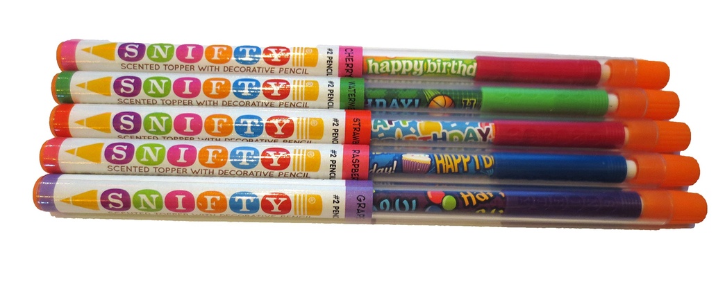 Snifty Scented Products - Delicious Scents Embedded in The Toppers - Happy Birthday Design Everyday Pencil Toppers - 5 Assorted Yummy Scents
