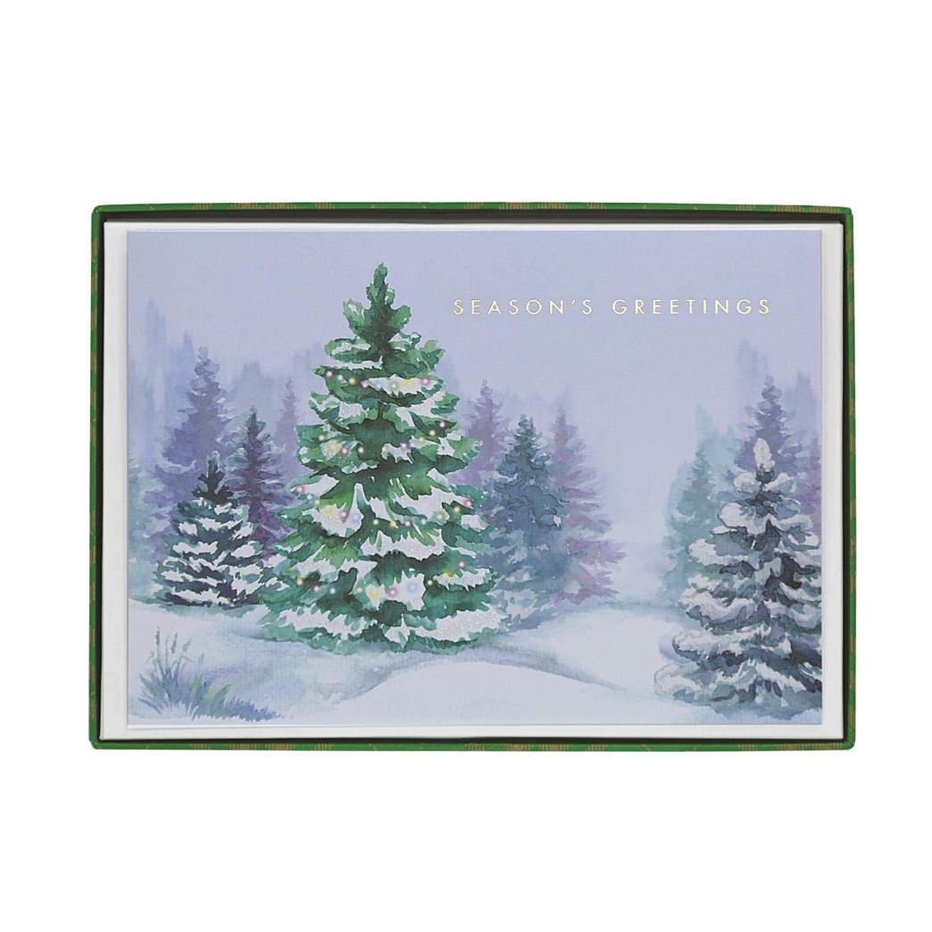 Graphique Winter Scene Boxed Cards â15 Decorated Pine Forest"Season's Greetings" Cards Decorated in Embellished Gold Foil, Christmas Cards Includes Matching Envelopes and Storage Box,4.75" x 6.625", BX396