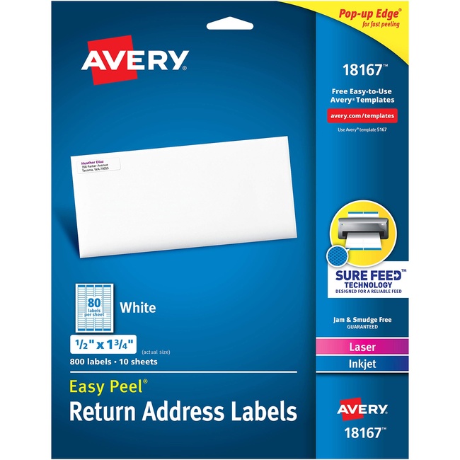 Avery 18167 Return Address Label Laser/Inkjet 1/2-Inch X1/3/4-Inch 800/Pk White