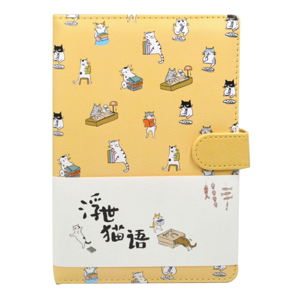 Student Cute Cartoon Cat Pattern Notebook Leather Cover Journal Diary Notepad (Yellow)