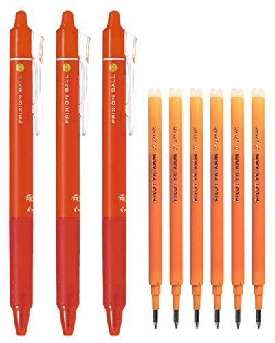 Pilot FriXion Ball Knock Retractable Erasable Gel Ink Pens, Extra Fine Point 0.7mm, Orange Ink, 3 Pens & 6 Refills Value Set