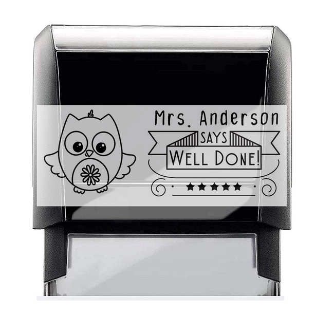 Classroom Teacher Rubber Stamp, Self-Inking Custom Well Done Student Stamper with Owl Image. Variety of Designs, 5 Ink Colors, 3 Lines, All Wording can be Changed!