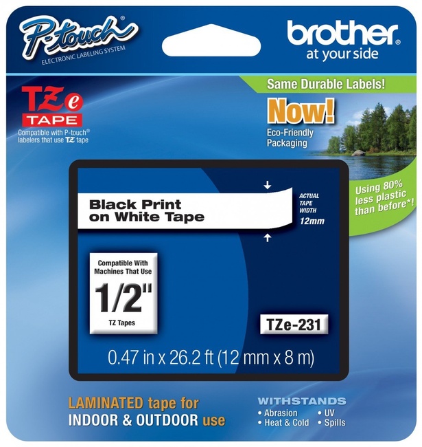 Genuine Brother 1/2" (12mm) Black on White TZe-231 P-Touch Tape for Brother PT-1280, PT1280 Label Maker with TZe Tape Guide Included