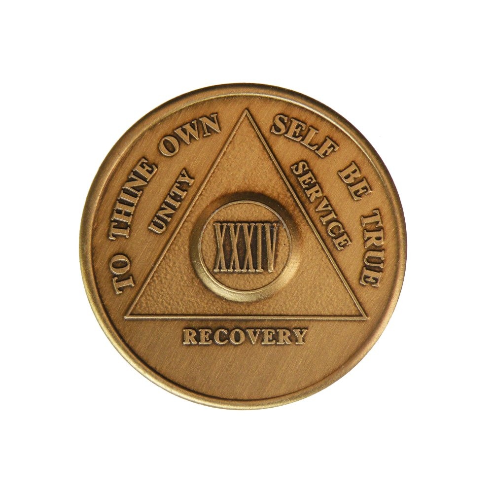 34 Year Antique Bronze AA (Alcoholics Anonymous)-Sober-Sobriety-Birthday-Medallion-Chip-Challenge