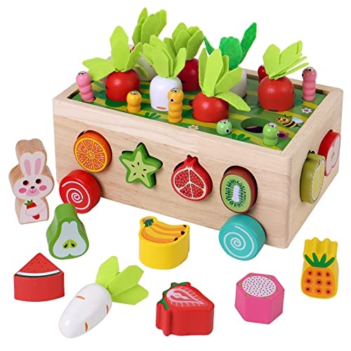 Montessori Multifunctional Orchard Toy Car Wooden Educational Toys for 1 Years Old Boys and Girls Montessori Size Sorting & Counting Puzzle Game for 2 3 Year Olds Carrots Harvest Developmental Gifts