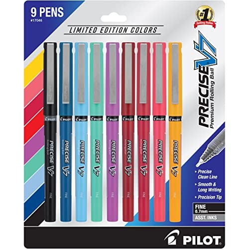 PILOT Precise V7 Stick Liquid Ink Rolling Ball Stick Pens, Fine Point, Assorited Ink, 9-Pack (17046)