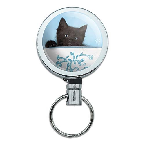 Black Kitten Cat in Bucket Tin Pail Heavy Duty Metal Retractable Reel ID Badge Key Card Tag Holder with Belt Clip