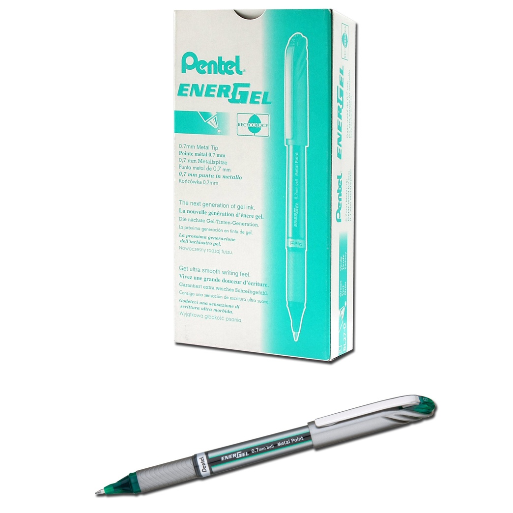 Pentel EnerGel NV Gel Ink Pen, (0.7mm), Medium Point Capped, Metal Tip, Green Ink, Box of 12 (BL27-D)