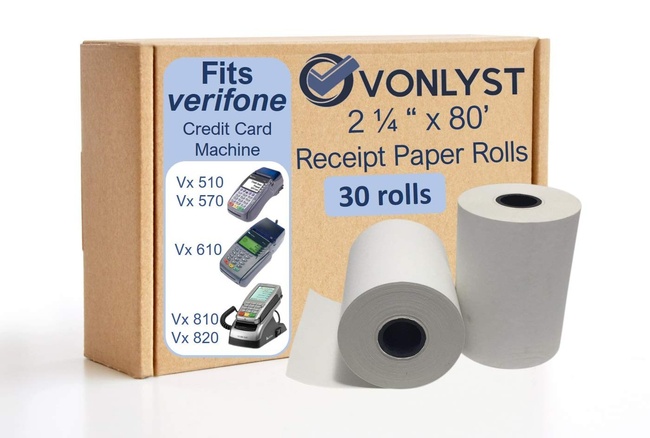 Vonlyst Receipt Paper Roll 2 1/4 X 80 Verifone Vx510 Vx570 Vx610 Vx810 Vx820 (30 rolls)