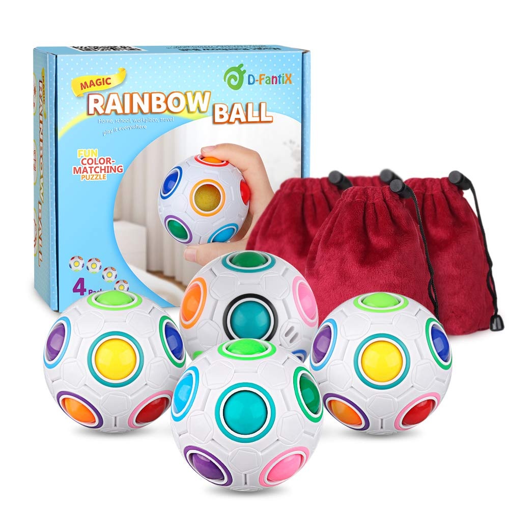 D-FantiX Rainbow Puzzle Ball 4 Pack, Magic Rainbow Ball Puzzle Cube Fidget Balls Puzzle Brain Games Fidget Toys for Adult Kids White