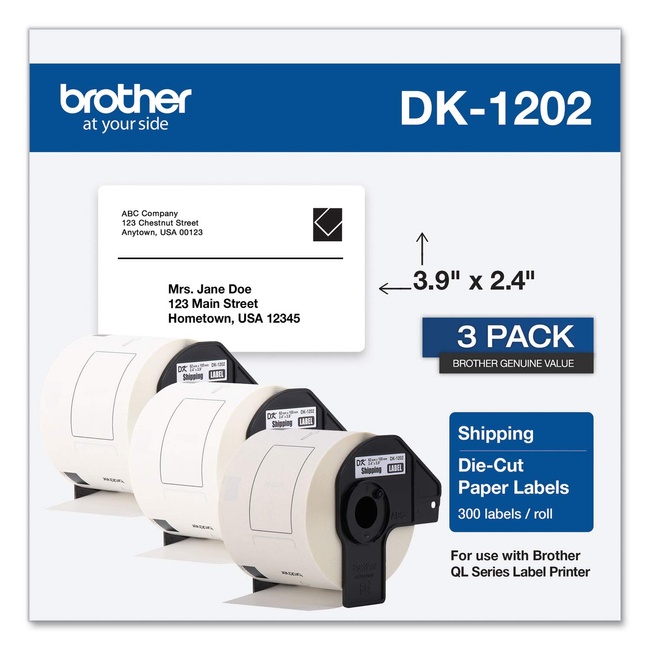 Brother Genuine DK-12023PK Die-Cut Shipping Paper Labels, Long Lasting Reliability, 300 Labels Per Roll, (3) Rolls per Box, White (DK12023PK)