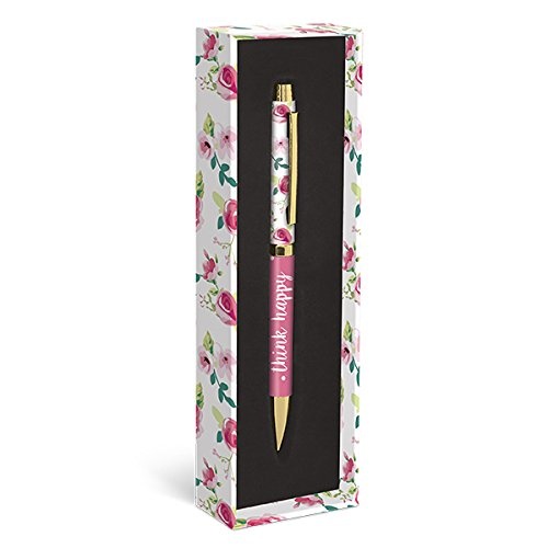 Graphique Pretty Floral Fashion Pen, 5.5" Refillable Black Ink Ballpoint Pink w/ "Think Happy" Quote & Matching Gift Box, Makes a Beautiful, Unique Gift