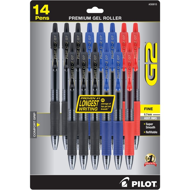 PILOT G2 Premium Refillable & Retractable Rolling Ball Gel Pens, Fine Point, Assorted Color Inks, 14-Pack (30815)