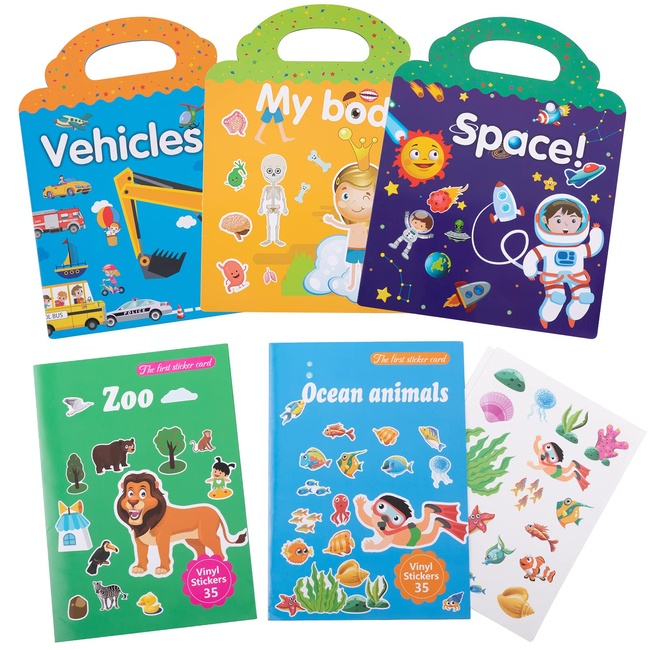 5 Sets Reusable Sticker Books for Kids- My Body, Zoo, Vehicles, Space,  Ocean Animals Cute Static & Adhesive Stickers Book for Toddlers Age 2-4  Educational Toys Learning Books Birthday Gifts - Stevens Books
