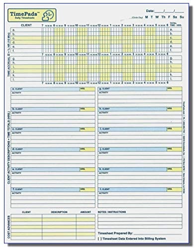 Timesheets for Attorneys, Paralegals & Law Firms - [50/Pack] - Easy"Check-The-Box" Timekeeping System Logs 100% of Your Billable Time. Increases Billings & Revenue. 8.5x11”. Time Sheets by TimePads.