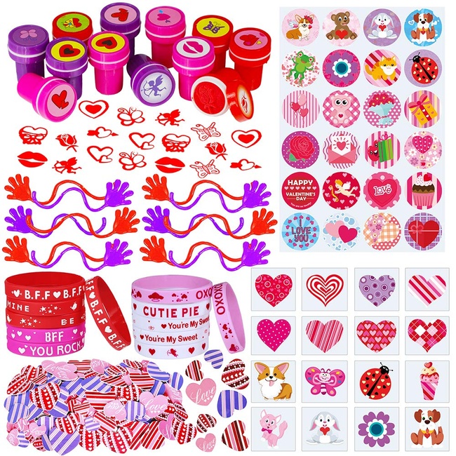 756 Pack Valentine's Day Party Favors Supplies Valentine Craft Stampers Rubber Bracelets Heart Stickers Sticky Hands Tattoo Bulk Assortment for Kids School Classroom Rewards Prizes Birthday Goodie Bag