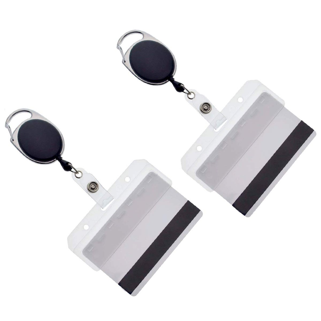 2 Pack - Premium Retractable Carabiner Badge Reels with Horizontal Half Card Badge Holders (Clear Plastic) - Leaves Magnetic Mag Stripe Exposed for POS and Swipe Cards by Specialist ID (Solid Black)