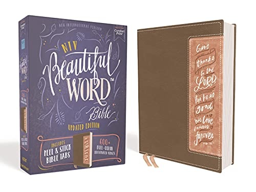 NIV, Beautiful Word Bible, Updated Edition, Peel/Stick Bible Tabs, Leathersoft, Brown/Pink, Red Letter, Comfort Print: 600+ Full-Color Illustrated Verses