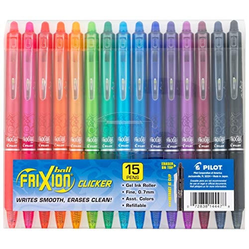 PILOT FriXion Clicker Erasable, Refillable & Retractable Gel Ink Pens, Fine Point, Assorted Color Inks, 15-Pack Pouch (14447)