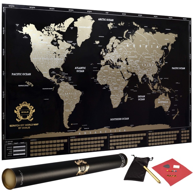 Detailed Scratch off World Map Poster - XL - Black and Gold Scratchable World Map - Glossy, Laminated Travel World Map - Full Accessories Kit - Best Gift Scratch off Map of the World By Divalis
