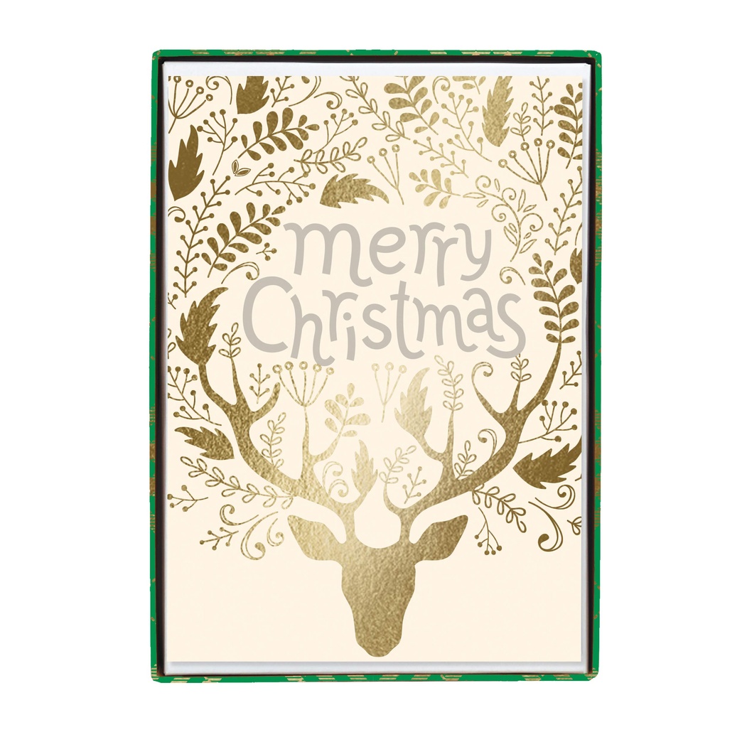 Graphique Merry Christmas Gold Reindeer Holiday Boxed Cards – 15 Cards Embellished with Gold Foil and Silver Glitter, Includes Matching Envelopes and Storage Box, Cards Measure 4.75” x 6.625”