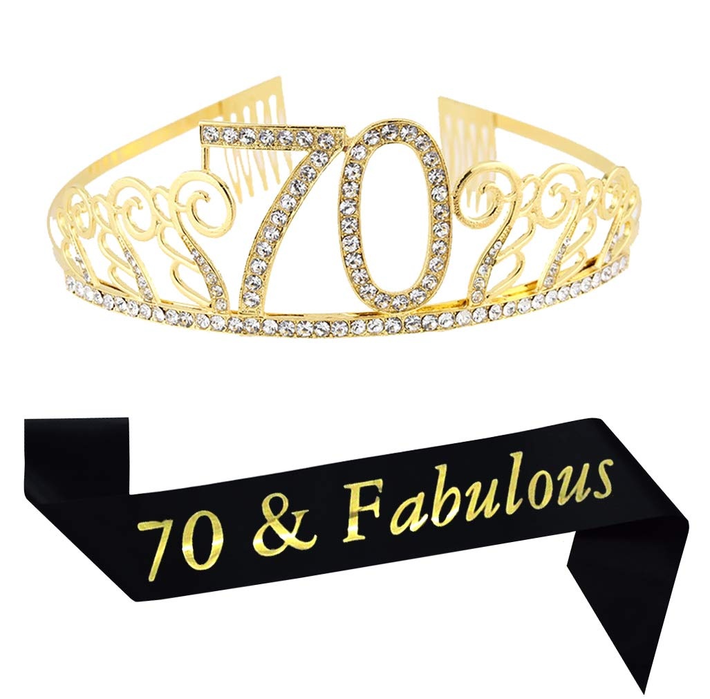 70th Birthday Gold Tiara and Sash Glitter Satin Sash and Crystal Rhinestone Tiara Crown for Happy 70th Birthday Party Supplies Favors Decorations 70th Birthday Cake Topper