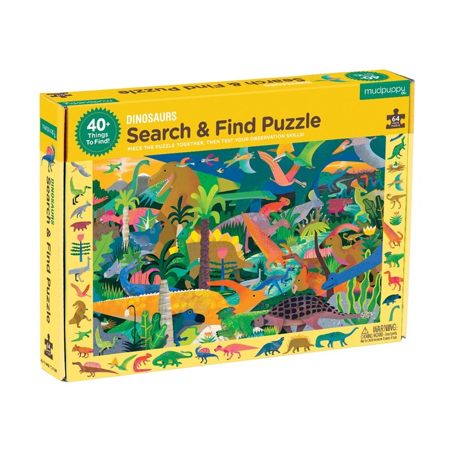 Mudpuppy Dinosaur Search & Find Jigsaw Puzzle, 64 Pieces, Ages 4-7, 23” x 15.5”, Multicolor Dinosaur Illustrations, Model Number: 9780735355804