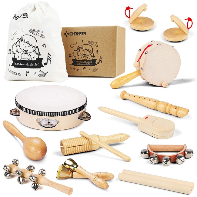 Chriffer Kids Musical Instruments Toys, Percussion Instruments Set for Toddlers, Preschool Educational Music Toys for Boys Girls, Natural Eco-Friendly Wooden Music Set