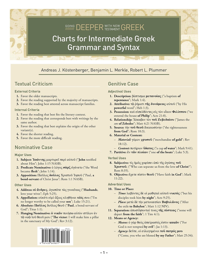 Charts for Intermediate Greek Grammar and Syntax: A Quick Reference Guide to Going Deeper with New Testament Greek