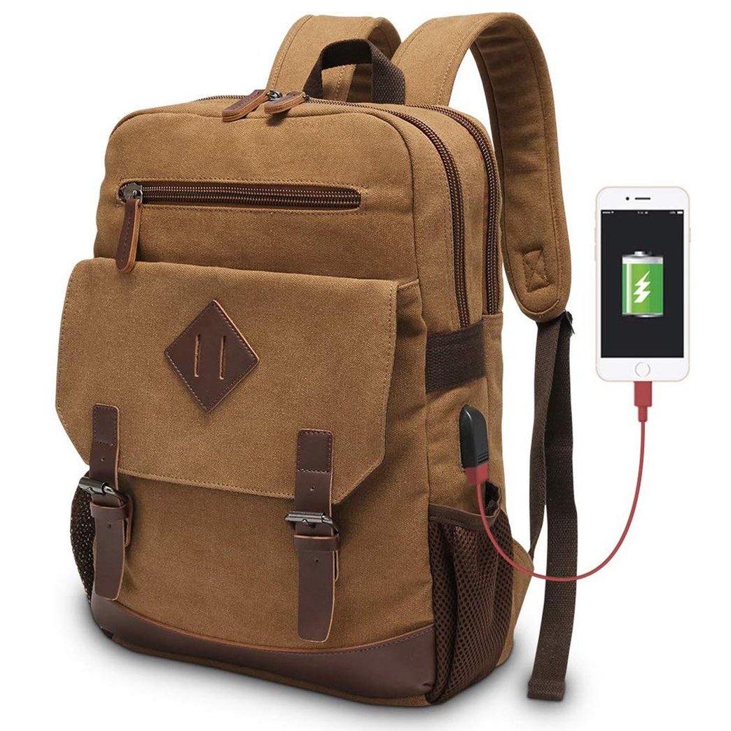Modoker Vintage Backpack for Men Women, Canvas Bookpack Fits Most 15.6 Inches Computer and Tablets, Rucksack Backpack with USB Charging Port, Brown